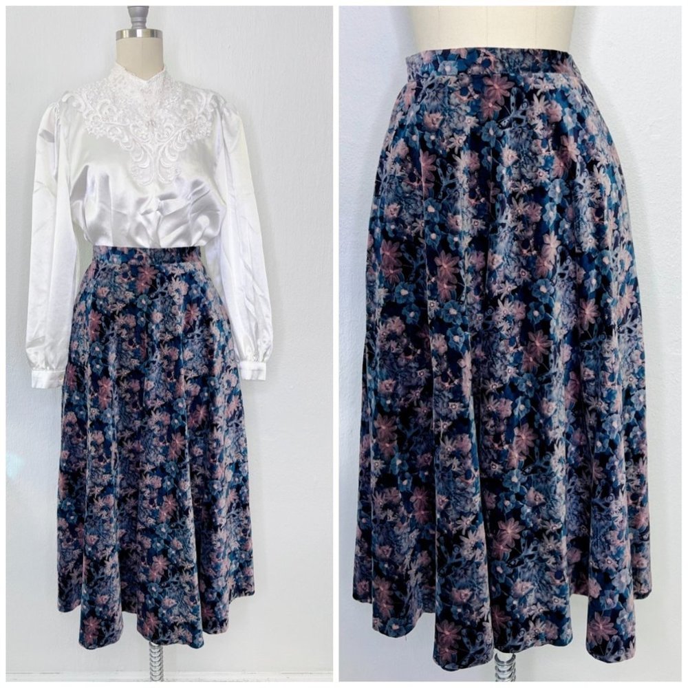 Vintage 80s Campus Casuals Velvet Midi Skirt S Small Floral CottageCore Academia